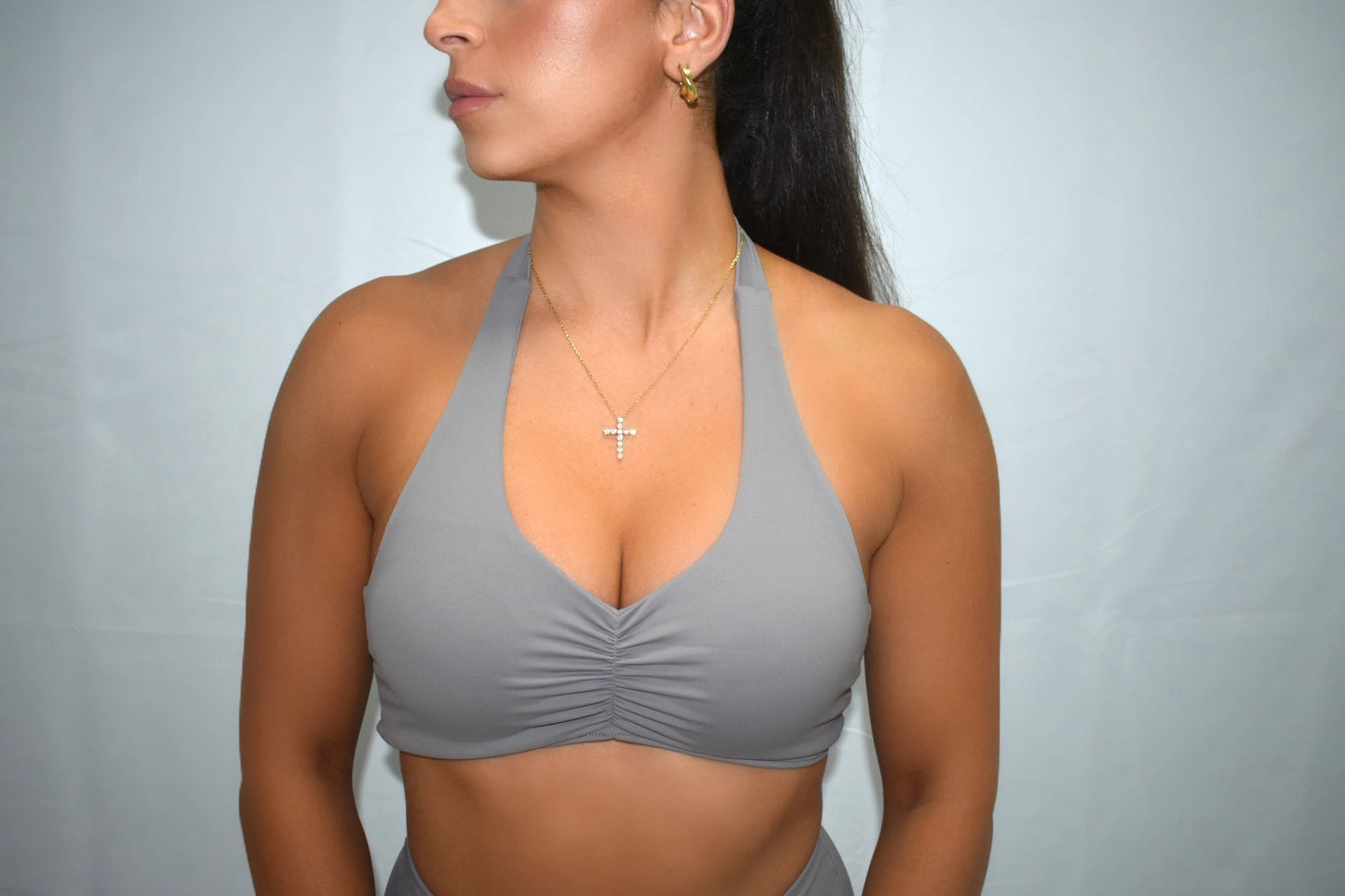 Cross Curve Halter Bra in Amethyst Ash